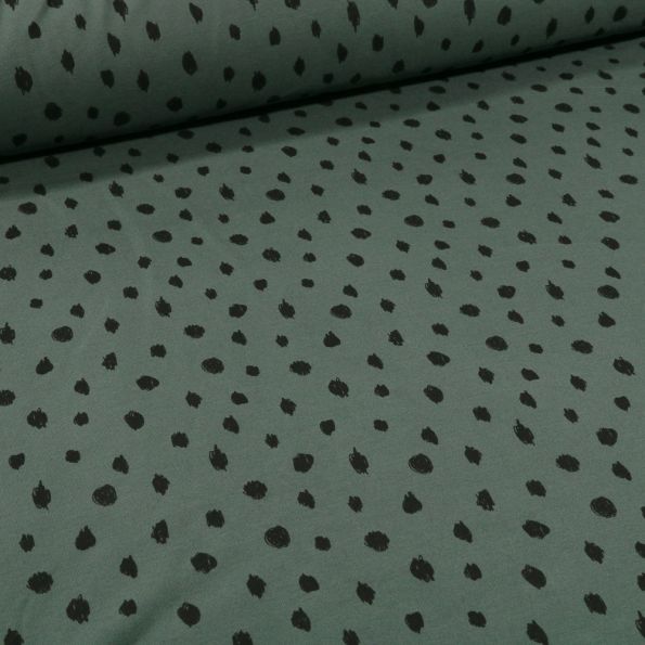 Tissu Sweat léger envers molletonné Bio Pois noirs sur fond Vert foncé - Par 10 cm