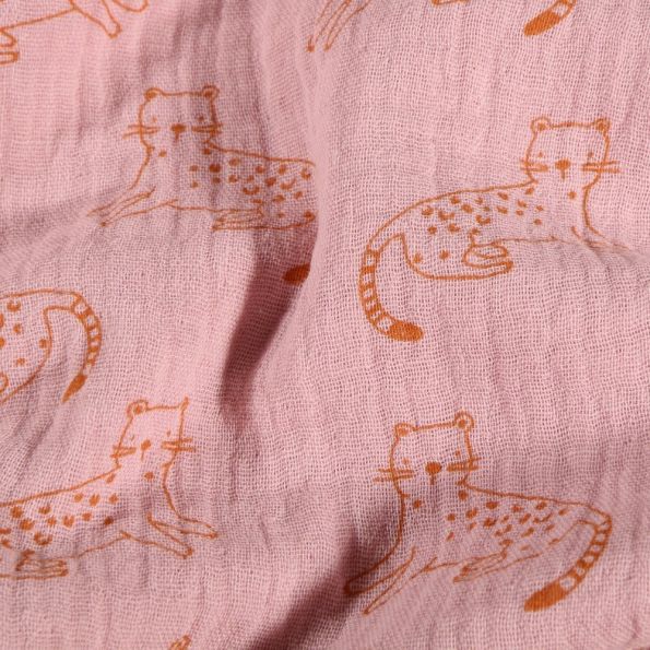 Tissu Double gaze Chats orange sur fond Rose - Par 10 cm