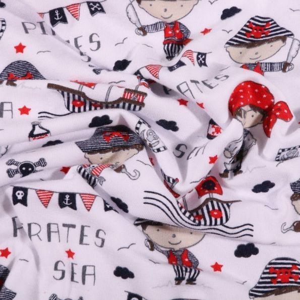 Tissu Jersey Coton Mini pirates sur fond Blanc - Par 10 cm