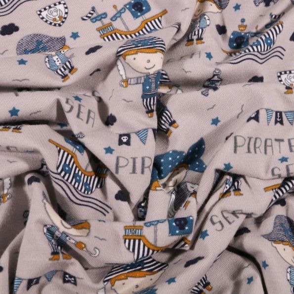 Tissu Jersey Coton Mini pirates sur fond Gris - Par 10 cm