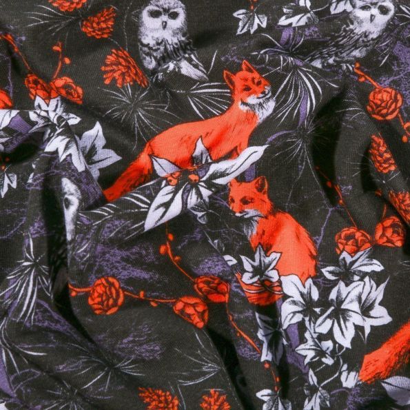 Tissu Jersey Coton Renards orange fluo en forêt sur fond Noir - Par 10 cm