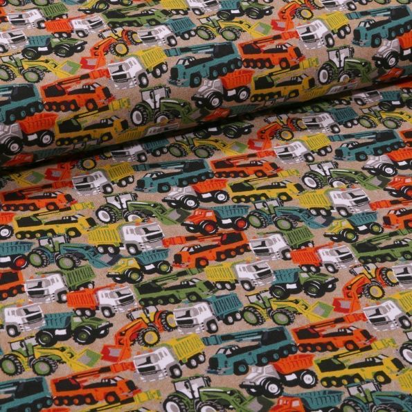 Tissu Jersey Coton Engins de chantier sur fond Beige - Par 10 cm