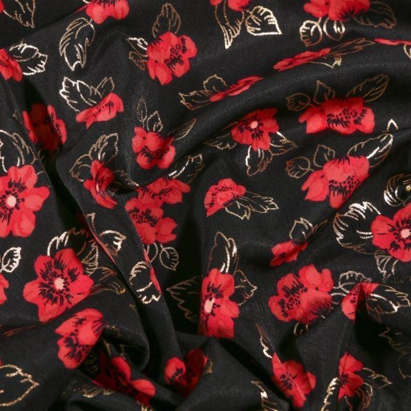 Tissu Satin imprimé Fleurs rouges et dorés sur fond Noir - Par 10 cm