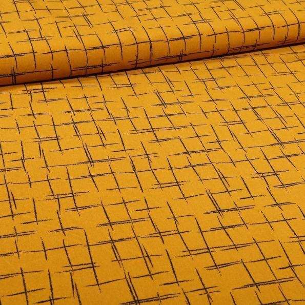 Tissu Satin imprimé Esquisse quadrillé sur fond Jaune - Par 10 cm