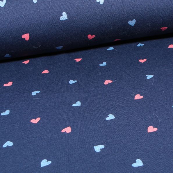 Tissu Sweat envers minky Hearts sur fond Bleu nuit - Par 10 cm