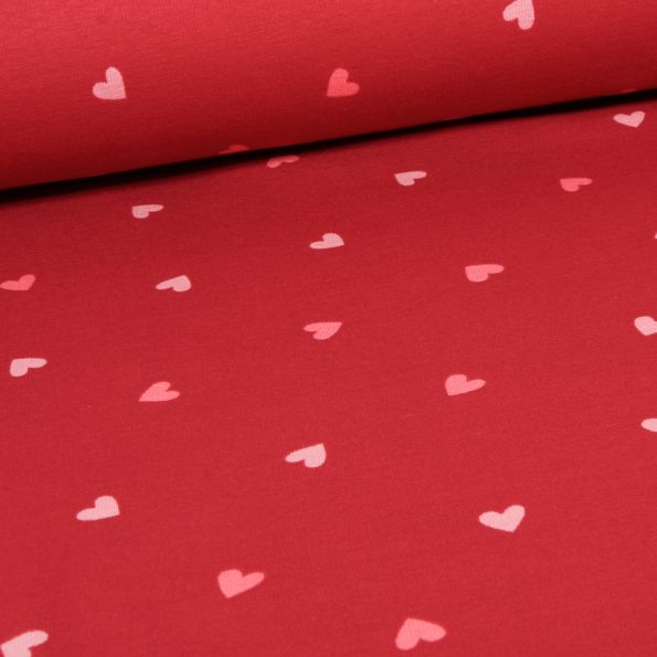 Tissu Sweat envers minky Hearts sur fond Rouge - Par 10 cm