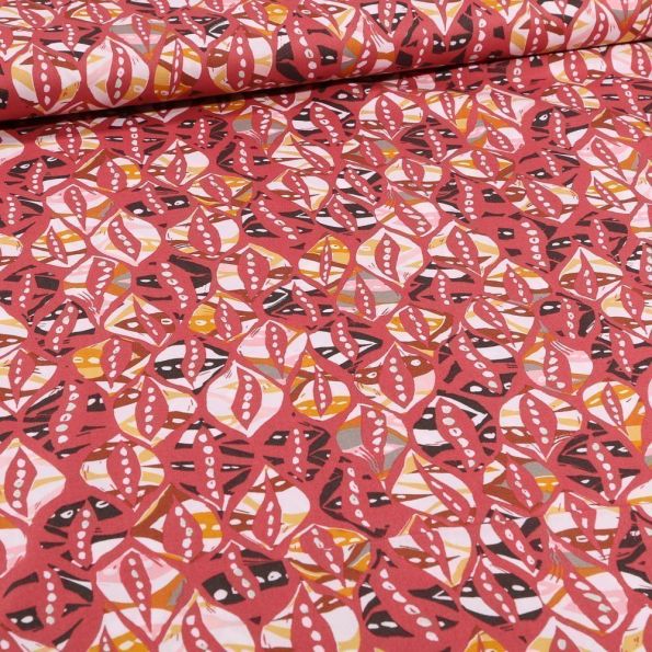 Tissu Coton imprimé Fèves stylisé sur fond Lie de vin - Par 10 cm