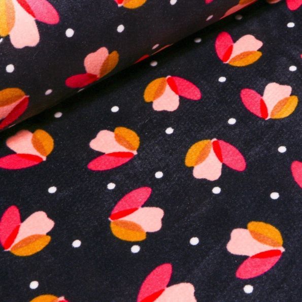 Tissu Jersey Velours Ultra doux Tulipes sur fond Bleu marine - Par 10 cm