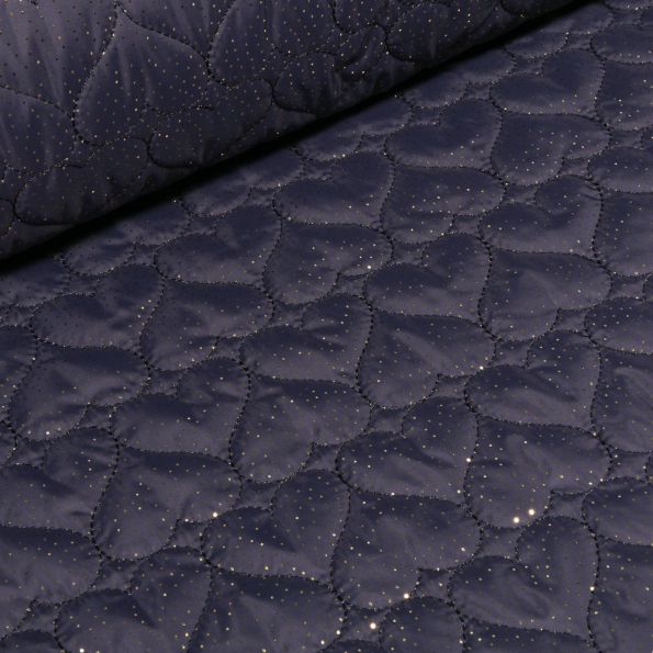 Tissu Doudoune Cœurs et pois dorés sur fond Bleu marine - Par 10 cm