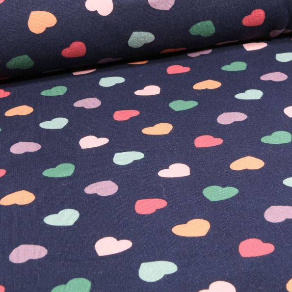 Tissu Sweat envers molletonné Coeus multicolores sur fond Bleu marine - Par 10 cm