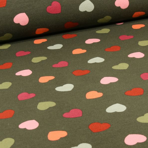 Tissu Sweat envers molletonné Coeus multicolores sur fond Vert kaki - Par 10 cm