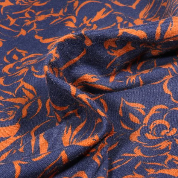 Tissu Jersey Coton envers molletonné Florella sur fond Bleu marine - Par 10 cm