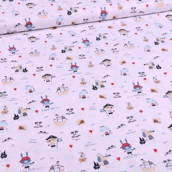 Tissu Coton imprimé Bio Animaux pirates sur fond Blanc - Par 10 cm