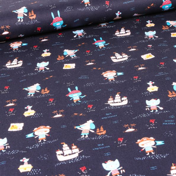 Tissu Coton imprimé Mini Pirates sur fond Bleu marine - Par 10 cm