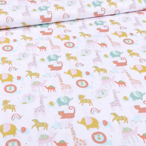 Tissu Coton imprimé Bio Animaux de la savane sur fond Blanc - Par 10 cm