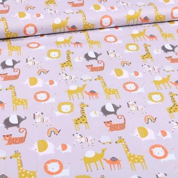 Tissu Coton imprimé Bio Animaux de la savane sur fond Gris - Par 10 cm