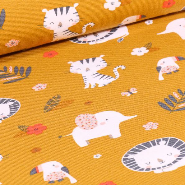 Tissu Jersey Coton Animaux et feuillages sur fond Jaune - Par 10 cm