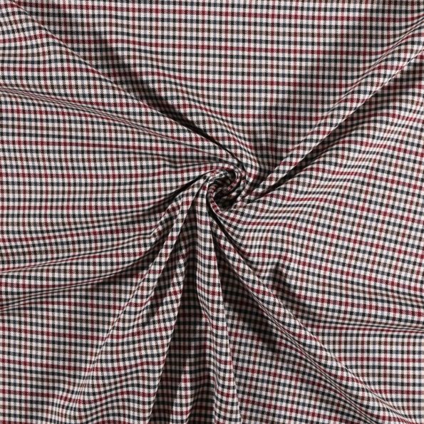 Tissu gabardine légère Petits carreaux bordeaux et marron sur fond Blanc - Par 10 cm