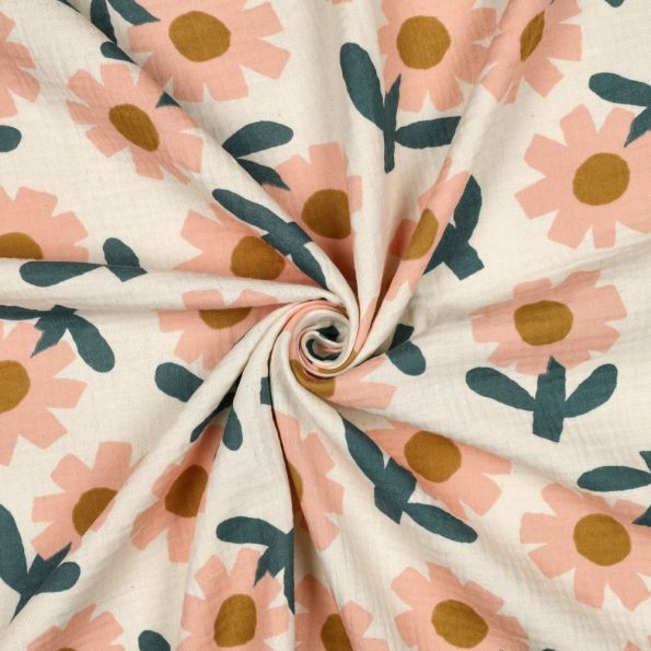 Tissu Double gaze de Coton Bio Jennifer Bouron fleurs Pêche sur fond Ecru - Par 10 cm