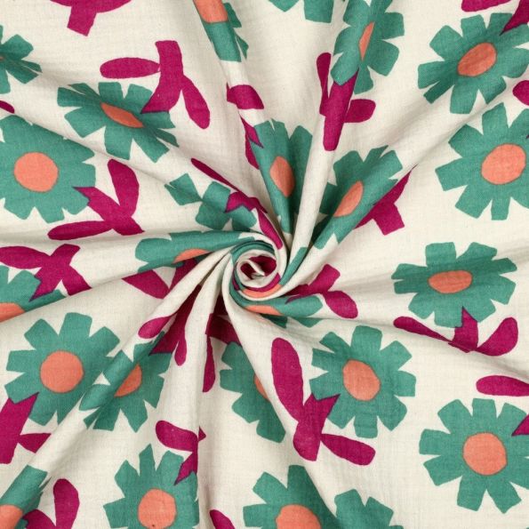 Tissu Double gaze de Coton Bio Jennifer Bouron fleurs Vert sur fond Ecru - Par 10 cm