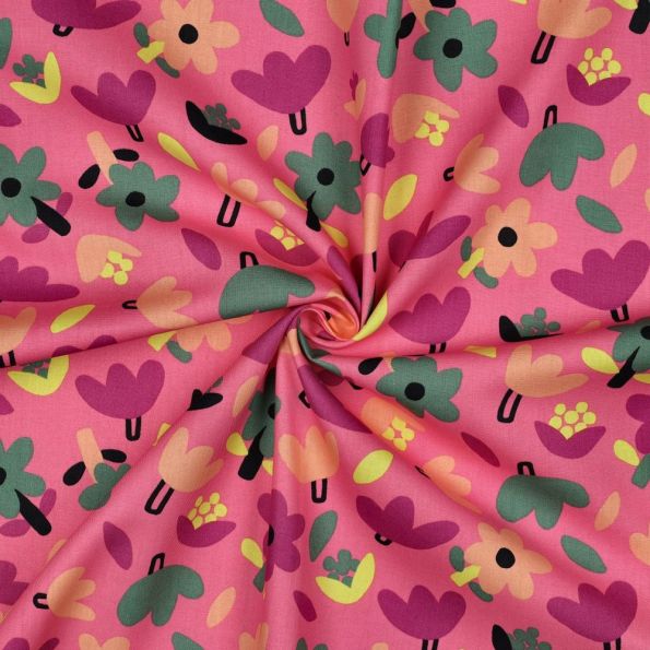 Tissu Popeline de Coton Bio Jennifer Bouron fleurs sur fond Rose - Par 10 cm