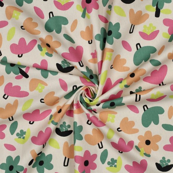 Tissu Popeline de Coton Bio Jennifer Bouron fleurs sur fond Ecru - Par 10 cm