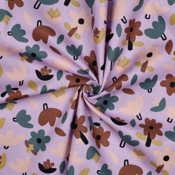 Tissu Popeline de Coton Bio Jennifer Bouron fleurs sur fond Lilas - Par 10 cm