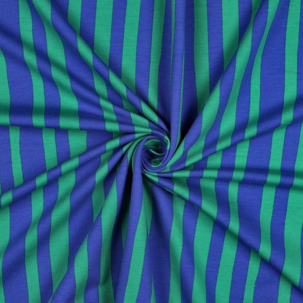 Tissu Sweat léger Bio Jennifer Bouron rayures Vert sur fond Bleu - Par 10 cm