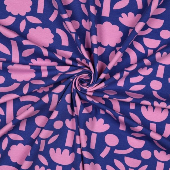 Tissu Jersey Coton Bio Jennifer Bouron fleurs Rose sur fond Bleu - Par 10 cm