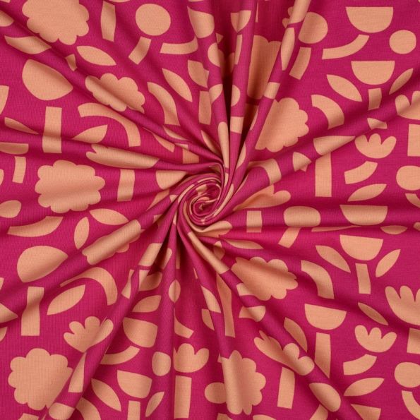 Tissu Jersey Coton Bio Jennifer Bouron fleurs Orange sur fond Rose fuchsia - Par 10 cm