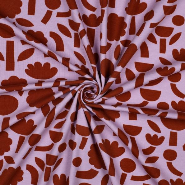 Tissu Jersey Coton Bio Jennifer Bouron fleurs Bordeaux sur fond Lilas - Par 10 cm