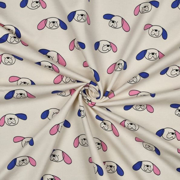 Tissu Sweat léger Bio Jennifer Bouron chiens Bleu et Rose sur fond Ecru - Par 10 cm