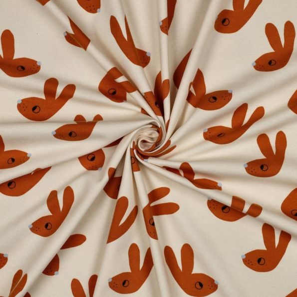 Tissu Jersey Coton Bio Jennifer Bouron lapins Terracotta sur fond Ecru - Par 10 cm