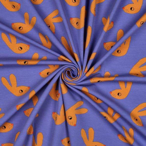 Tissu Jersey Coton Bio Jennifer Bouron lapins Rouille sur fond Bleu lavande - Par 10 cm