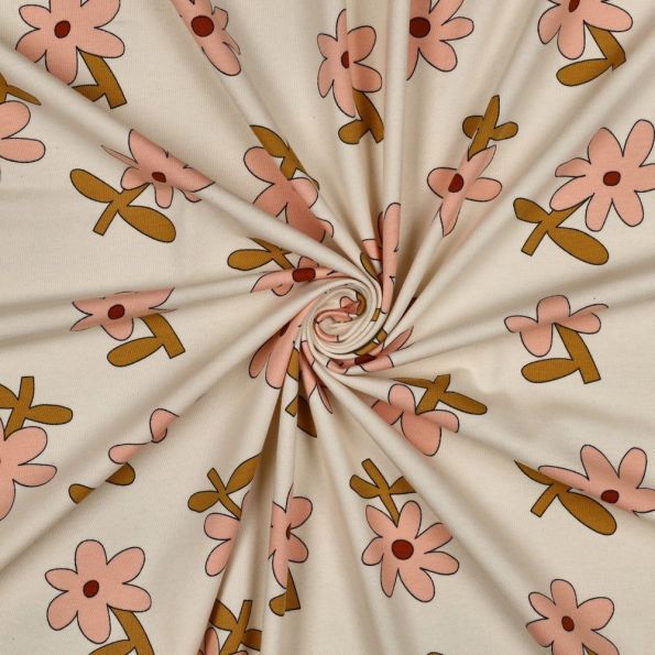 Tissu Jersey Coton Bio Jennifer Bouron fleurs Saumon sur fond Ecru - Par 10 cm