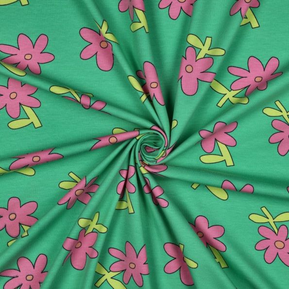 Tissu Jersey Coton Bio Jennifer Bouron fleurs Rose sur fond Vert - Par 10 cm