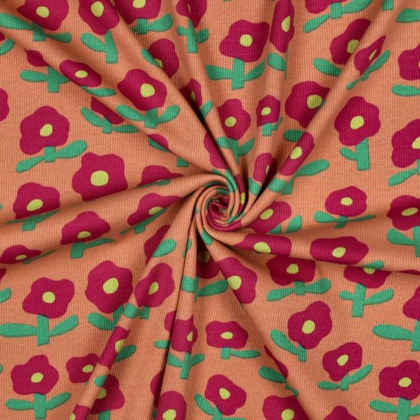 Tissu Jersey cotêlé Bio Jennifer Bouron fleurs Rouge et Vert sur fond Pêche - Par 10 cm
