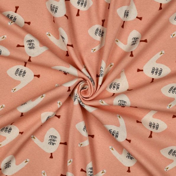 Tissu Jersey cotêlé Bio Jennifer Bouron oies sur fond Rose saumon - Par 10 cm