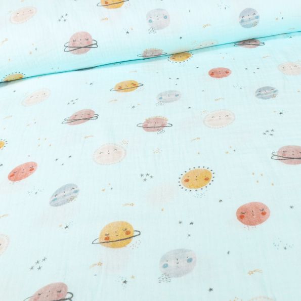 Tissu Double gaze Bio Planètes et soleil sur fond Bleu - Par 10 cm