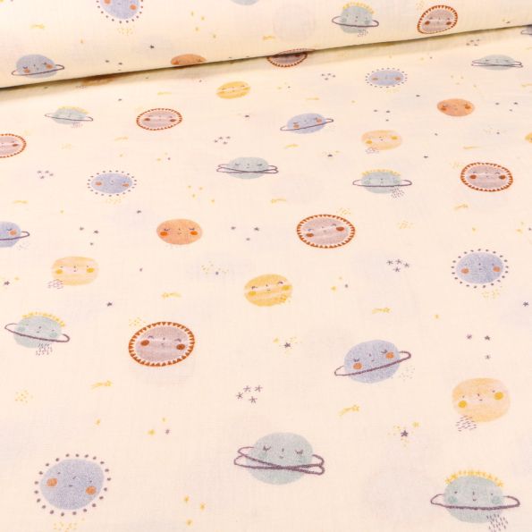 Tissu Double gaze Bio Planètes et soleil sur fond Beige - Par 10 cm