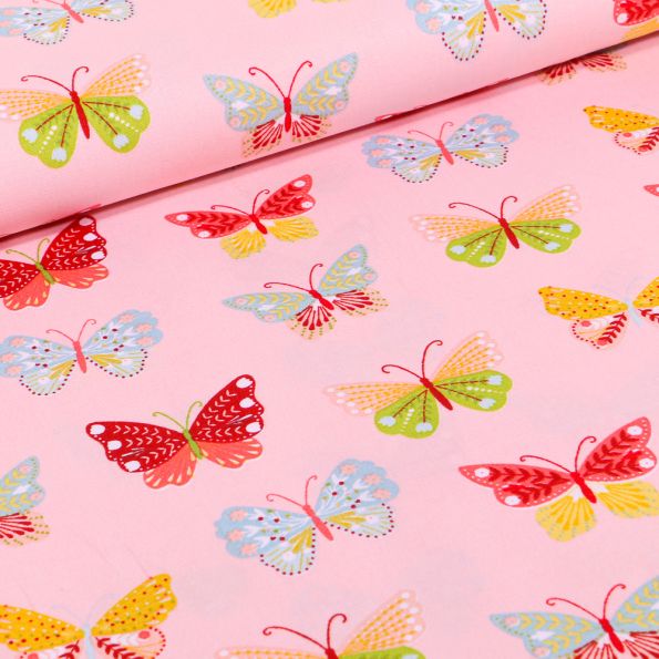 Tissu Coton imprimé LittleBird Papillons multicolores sur fond Rose - Par 10 cm