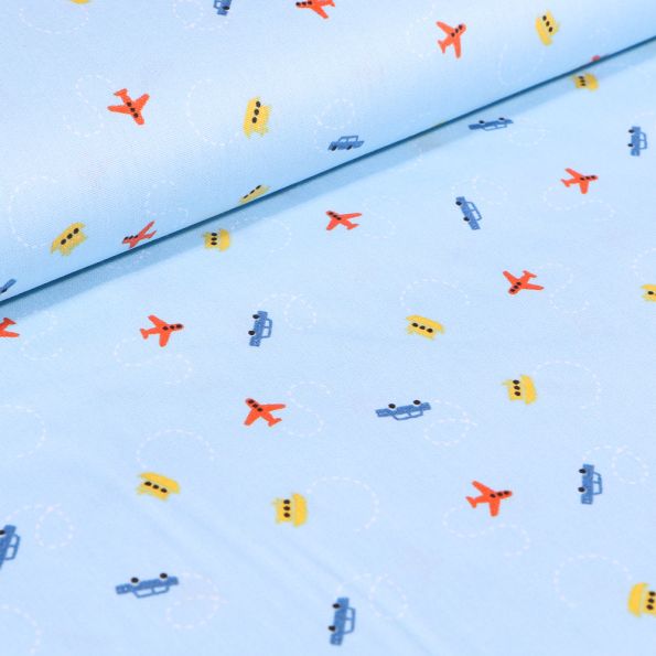 Tissu Coton imprimé LittleBird Voitures avions et bateaux sur fond Bleu - Par 10 cm