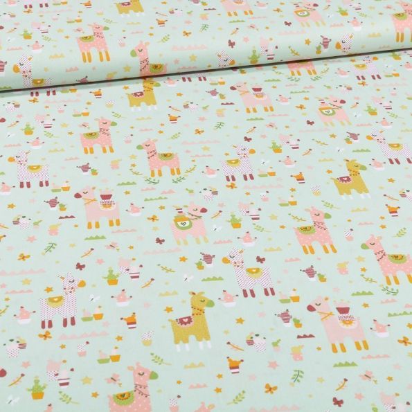 Tissu Coton imprimé LittleBird Lamas et cactus sur fond Vert menthe - Par 10 cm