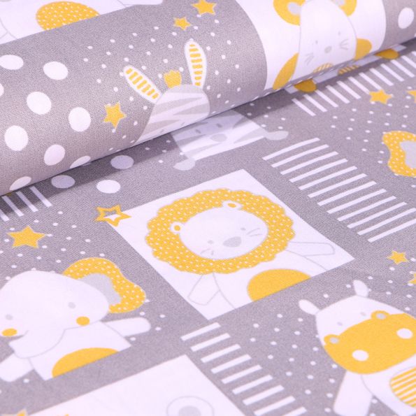 Tissu Coton imprimé LittleBird Baby animaux sur fond Gris - Par 10 cm