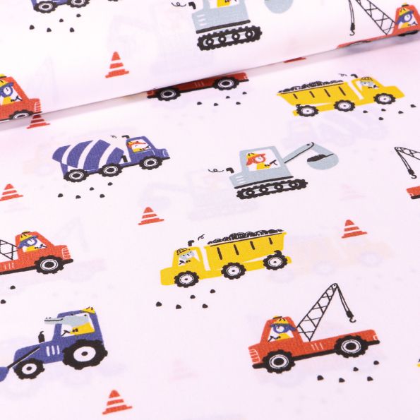 Tissu Coton imprimé LittleBird Camion benne et grue sur fond Blanc - Par 10 cm