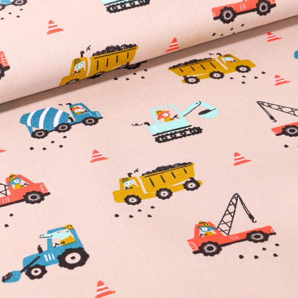 Tissu Coton imprimé LittleBird Camion benne et grue sur fond Beige - Par 10 cm