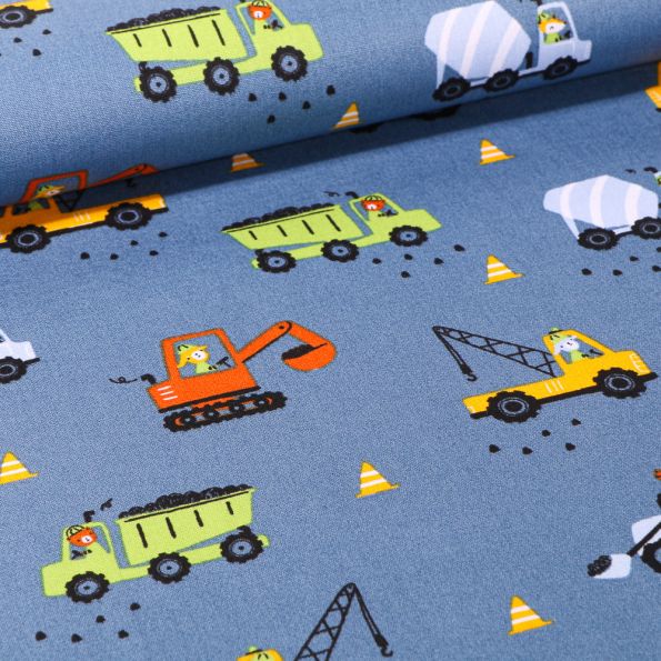 Tissu Coton imprimé LittleBird Camion benne et grue sur fond Bleu denim - Par 10 cm