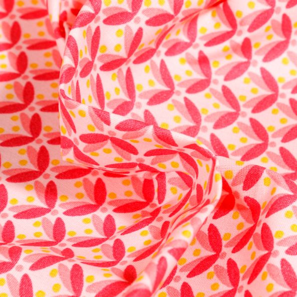 Tissu Coton enduit Pétales et pois rose sur fond Blanc - Par 10 cm