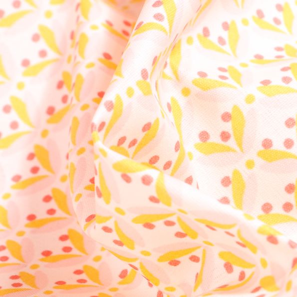 Tissu Coton enduit Pétales et pois jaunes sur fond Blanc - Par 10 cm
