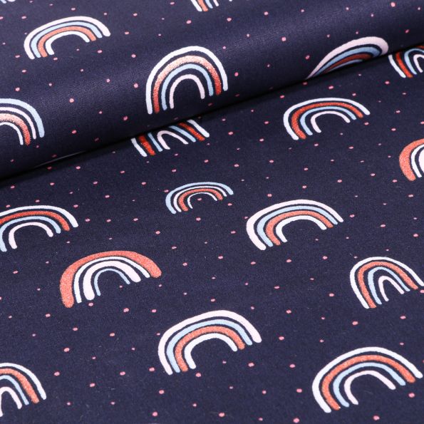 Tissu Coton imprimé LittleBird Rainbow pastel sur fond Bleu marine - Par 10 cm